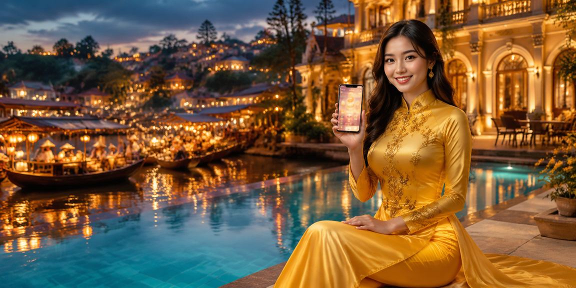 Người phụ nữ mặc áo dài Đà Lạt xem kết quả xổ số trực tuyến trên điện thoại