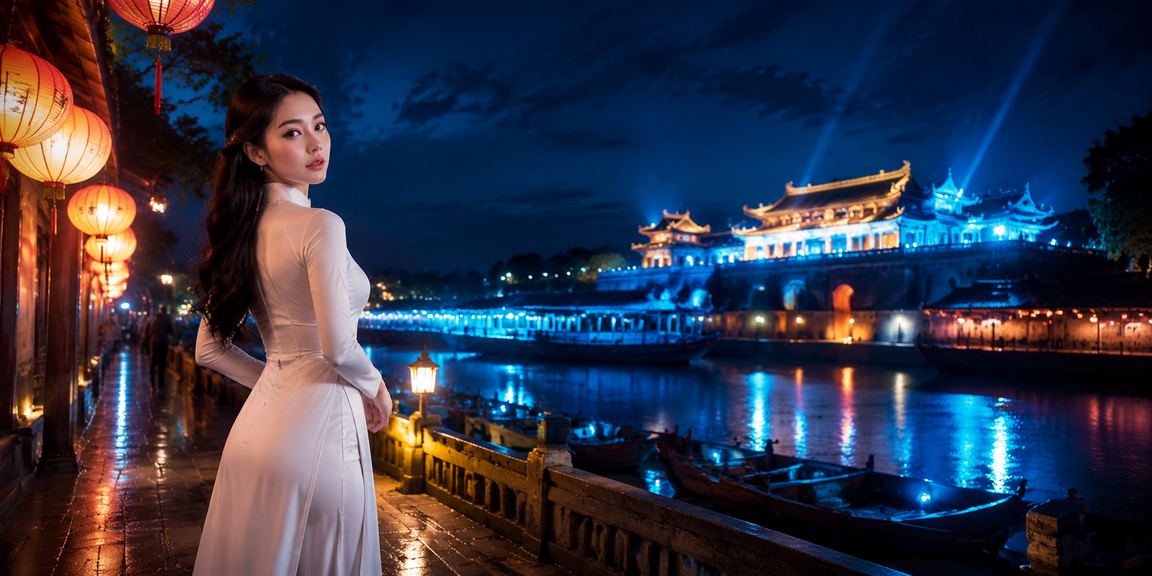 Người phụ nữ mặc áo dài Huế xem trận bóng đá và đặt cược trực tuyến trên điện thoại