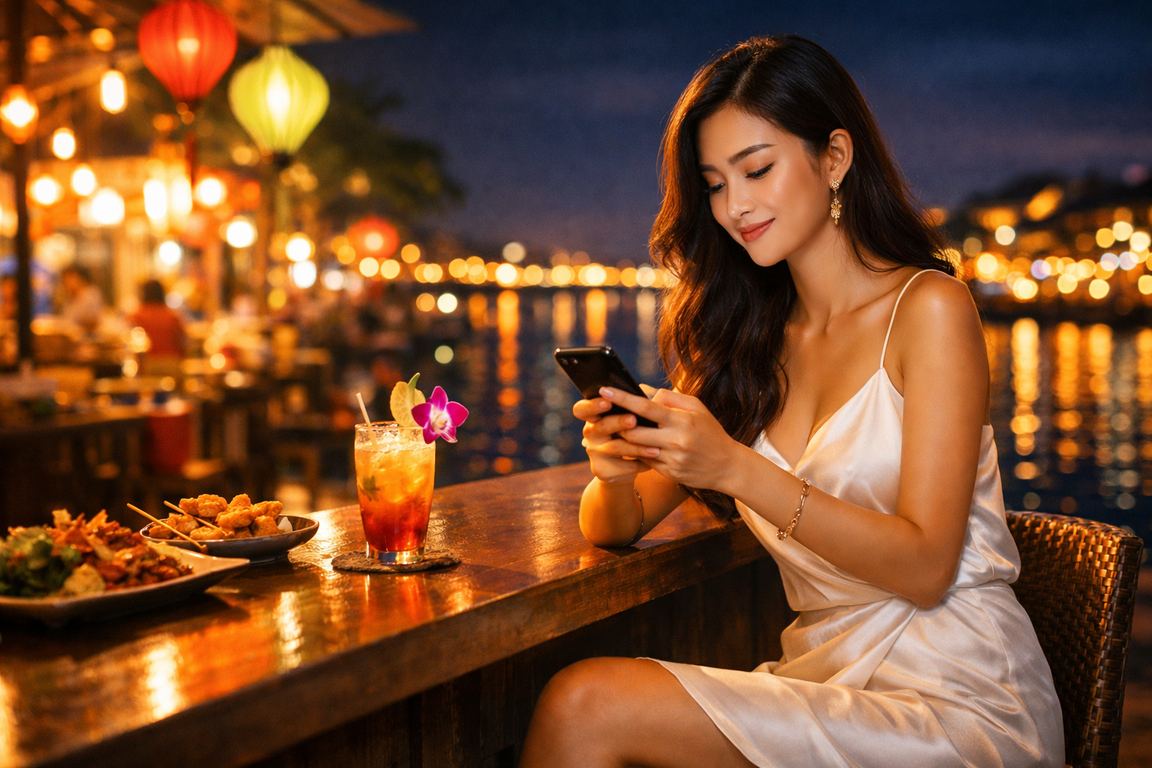 Người dùng tại chợ đêm Mekong trải nghiệm casino trực tuyến trên điện thoại di động